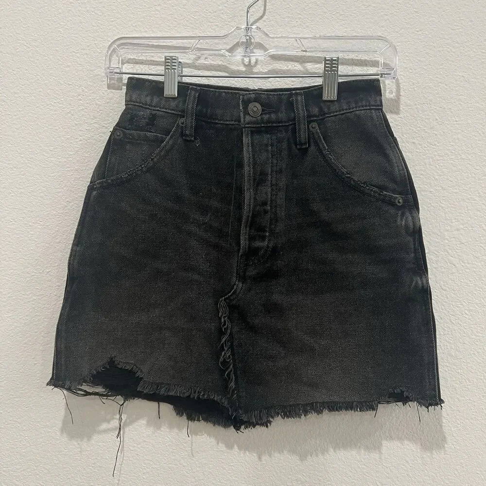 We The Free Mini Skirt Womens 24 Black Denim Distressed Button Fly Frayed A Line